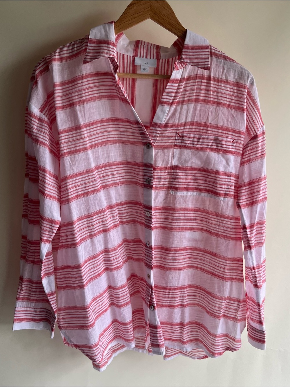 J. Jill Cotton Blouse Striped Sz Med Red White Long Sleeve Button Up Collared
